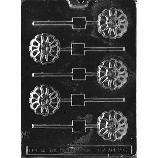 Chocolate lollipop mold with five round smiling sunshine cavities featuring curved sunburst rays and alternating horizontal stick channels.