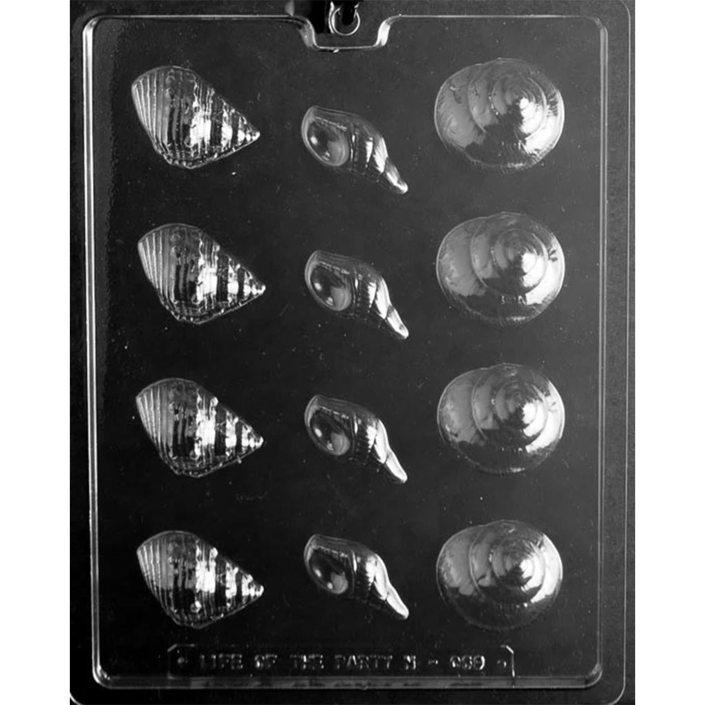 Plastic chocolate mold featuring three distinct shell designs, including spiral and ridged snail shell shapes. Mold includes varied sizes, ideal for creating realistic ocean-themed candies.