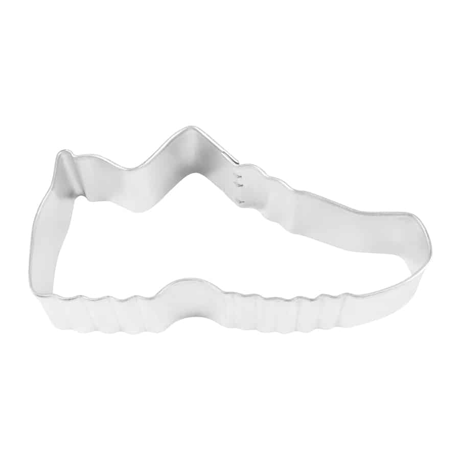 Silver sneaker-shaped cookie cutter, 4 inches wide, made from high-quality steel, perfect for creating sports or sneaker-themed cookies.