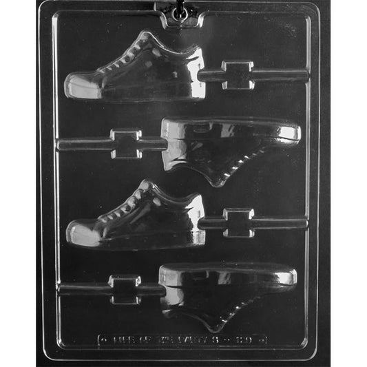 Clear plastic sneaker chocolate lollipop mold with four 4 x 2 x 1/2-inch low-top shoe cavities, two facing each direction, with detailed laces and soles.