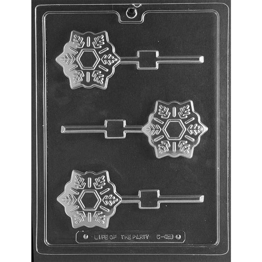 Clear plastic chocolate mold with three snowflake-shaped lollipop cavities. Each snowflake features a stylized, hand-drawn design with stick channels for lollipops. Perfect for crafting festive chocolate pops for winter events.