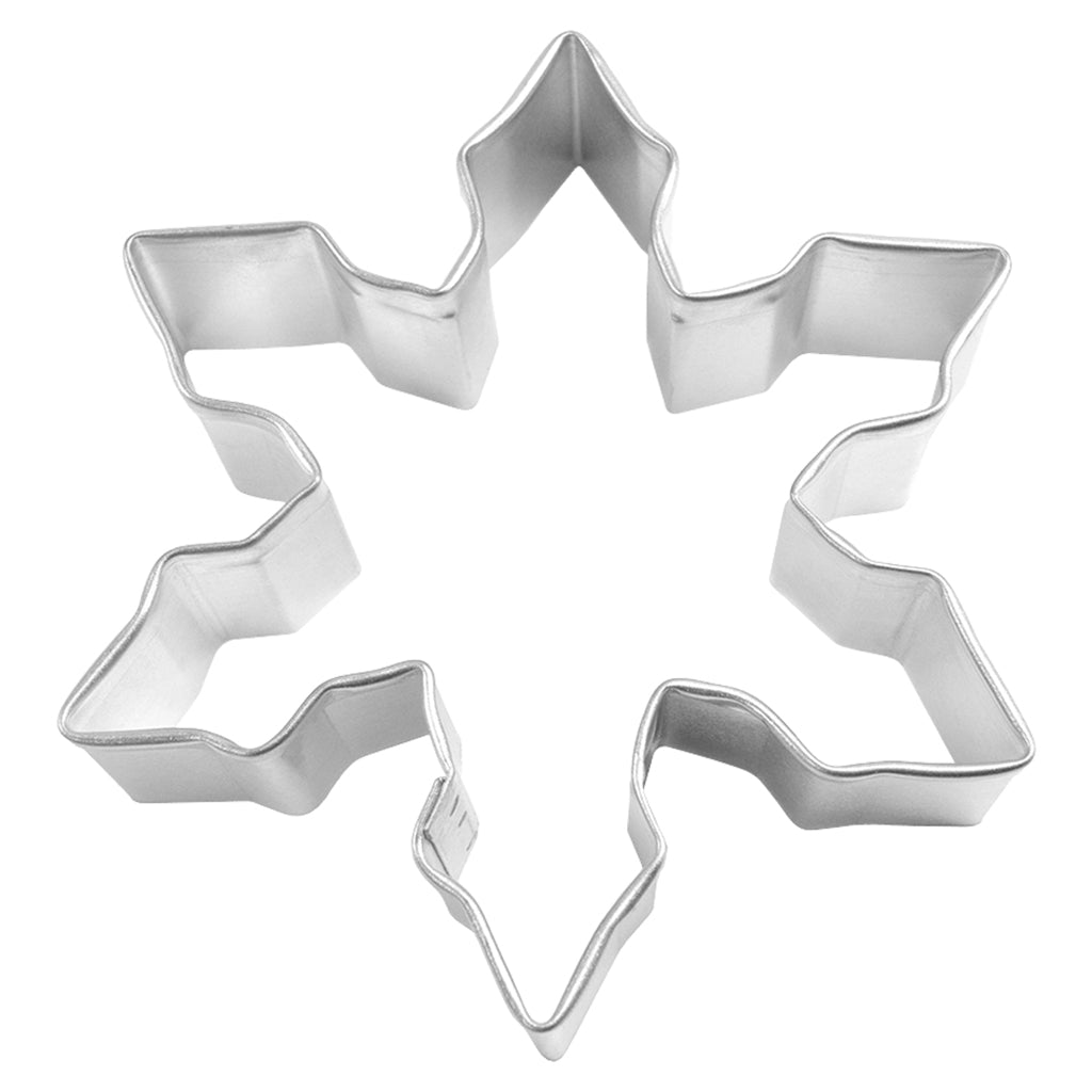 Metal snowflake-shaped cookie cutter with six intricate points and zigzag edges.