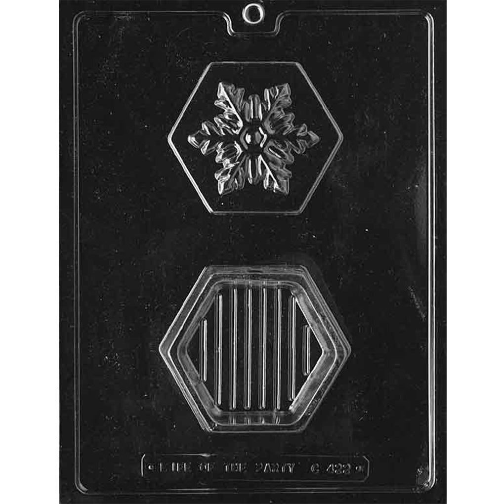 Clear plastic chocolate mold with two hexagon cavities, including a detailed snowflake lid and a striped base for creating a winter-themed pour box.