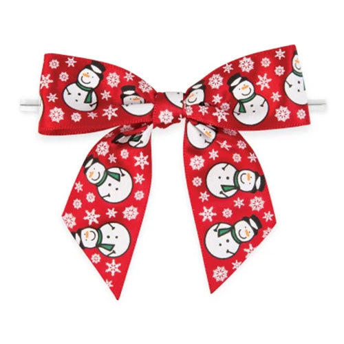 Red pre-tied ribbon bow printed with white snowflakes and cartoon snowmen, shown flat on a white background with an attached twist tie.