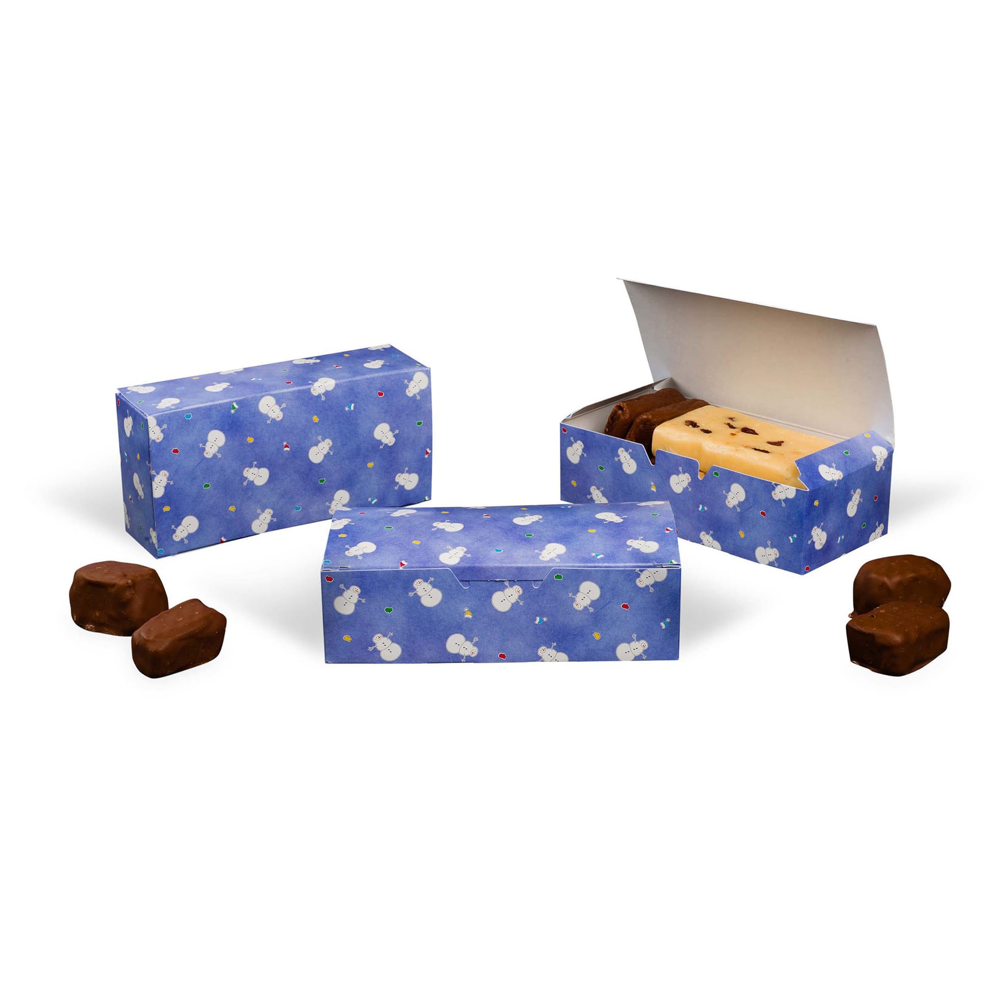 Snowman Avalanche 1 lb candy box set in blue snowman print, shown closed and open with assorted candy pieces