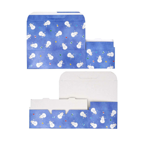 Die-cut and assembled view of the Snowman Avalanche one-piece candy box showing the blue snowman pattern outside and the white interior.