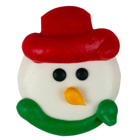 Edible royal icing snowman face with red winter hat, orange carrot nose, and green scarf, 1.5 inches wide.