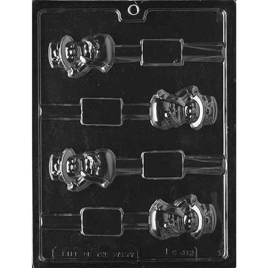 Clear plastic chocolate mold with four pretzel rod cavities featuring smiling snowmen wearing hats and scarves on a black background.