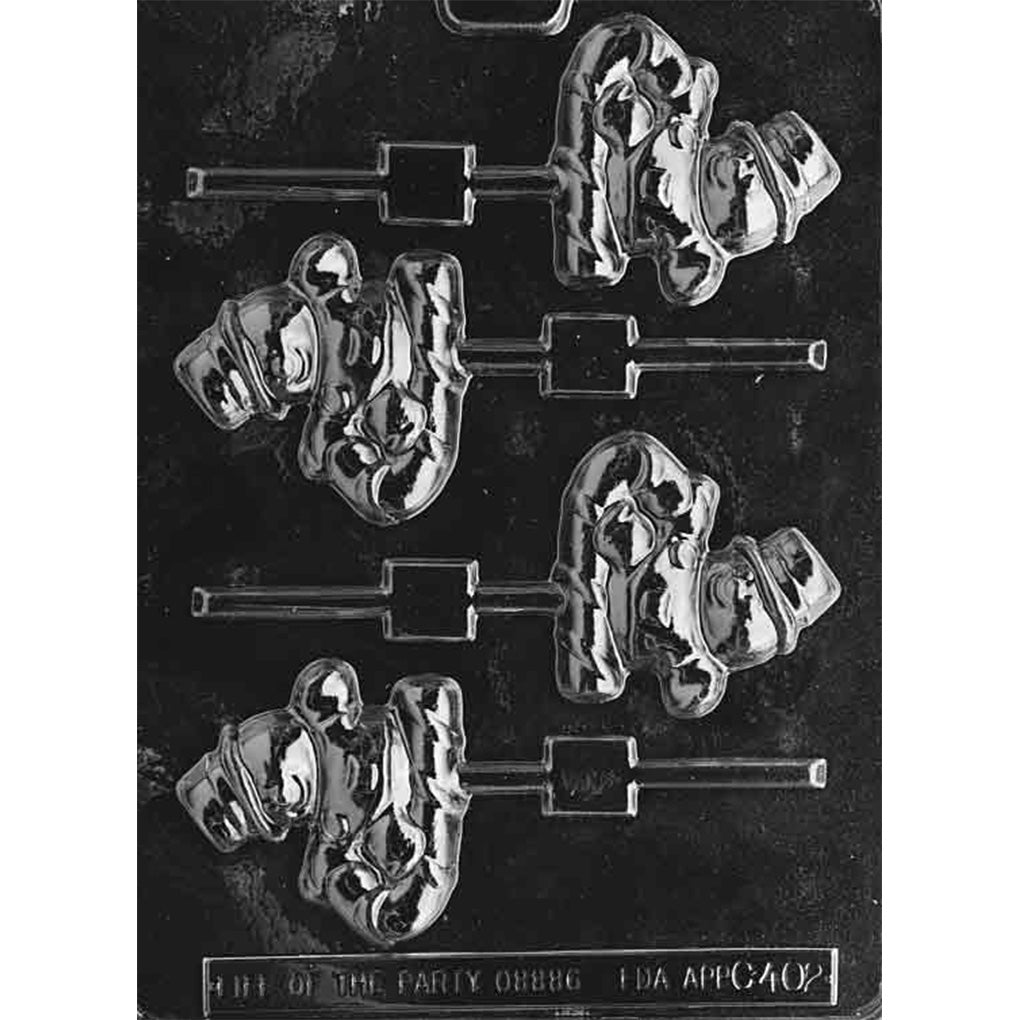 Snowman on Candy Cane chocolate lollipop mold with four cavities featuring snowmen in top hats and scarves perched on striped candy canes