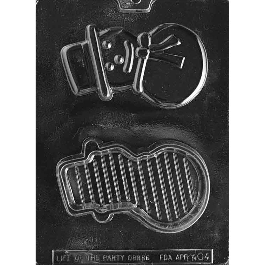 Clear Snowman Pour Box Chocolate Mold photographed against a black background with a detailed snowman lid featuring a top hat and scarf plus a matching ribbed box base.