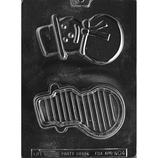 Clear Snowman Pour Box Chocolate Mold photographed against a black background with a detailed snowman lid featuring a top hat and scarf plus a matching ribbed box base.