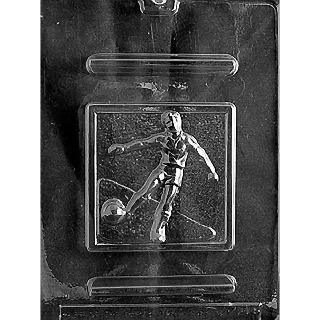 Clear Soccer Scene Square Bar Chocolate Mold with one 4 1/2-inch player-and-ball plaque cavity and two narrow support-bar cavities