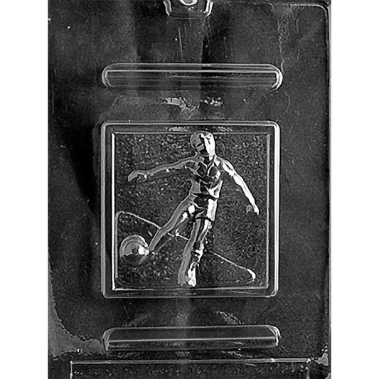 Clear Soccer Scene Square Bar Chocolate Mold with one 4 1/2-inch player-and-ball plaque cavity and two narrow support-bar cavities