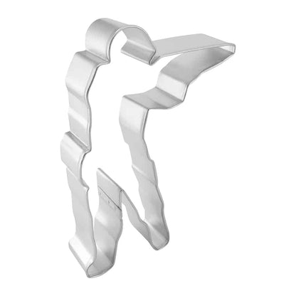 Angled side view of a sturdy soldier or hunter-shaped cookie cutter with detailed edges.