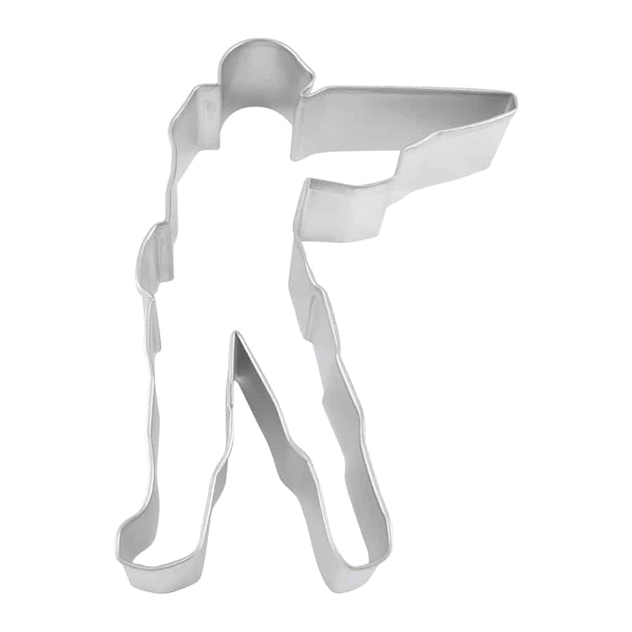 Metal soldier or hunter cookie cutter with a standing figure aiming, front view.