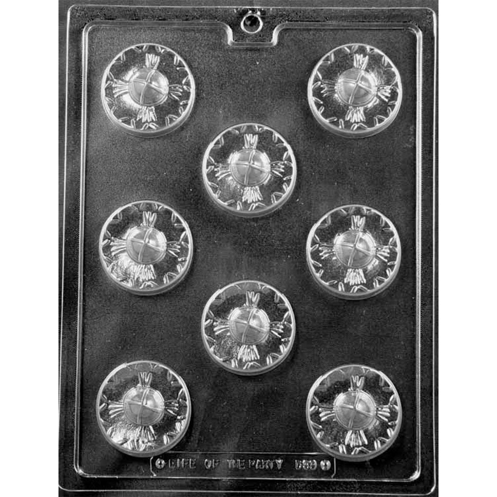 Clear plastic chocolate mold tray with eight sombrero-shaped cavities.