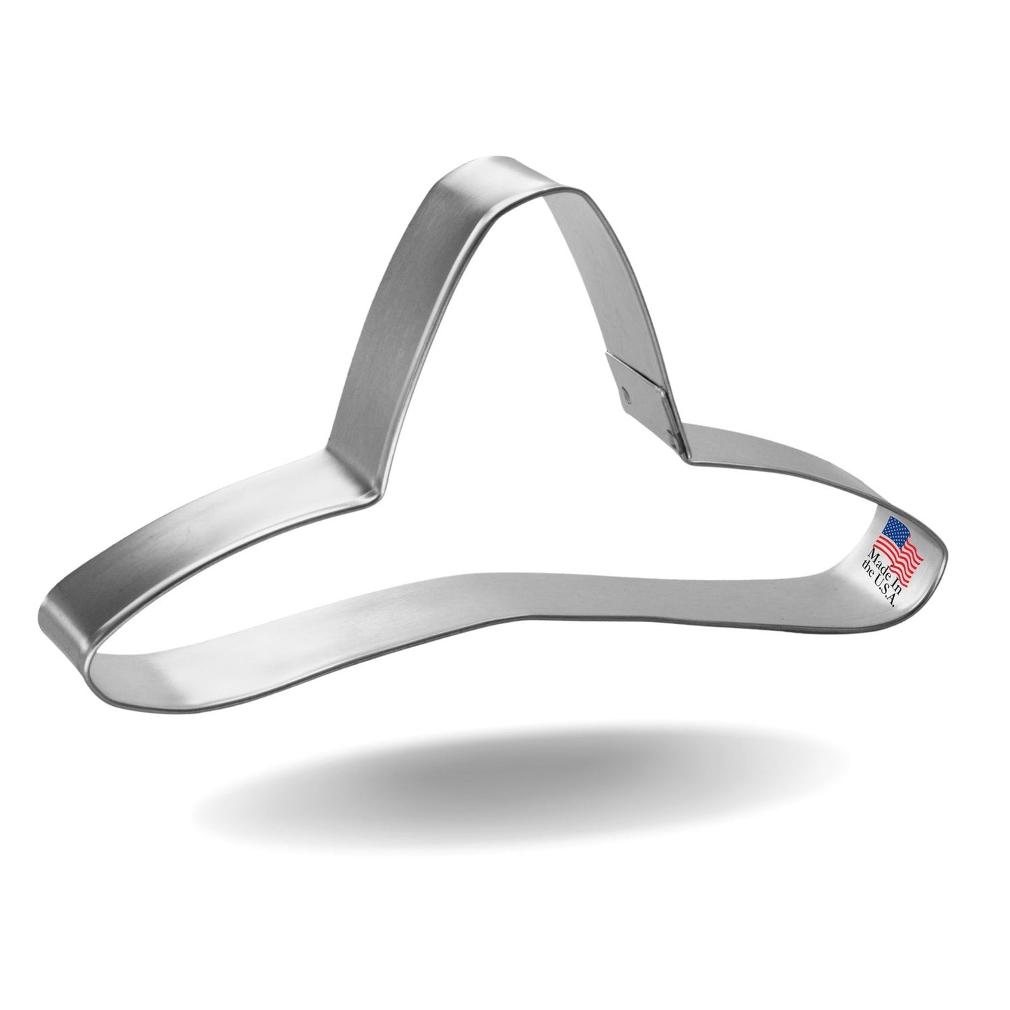 Silver tin sombrero-shaped cookie cutter, 4.75 inches wide, perfect for making festive or Cinco de Mayo cookies.