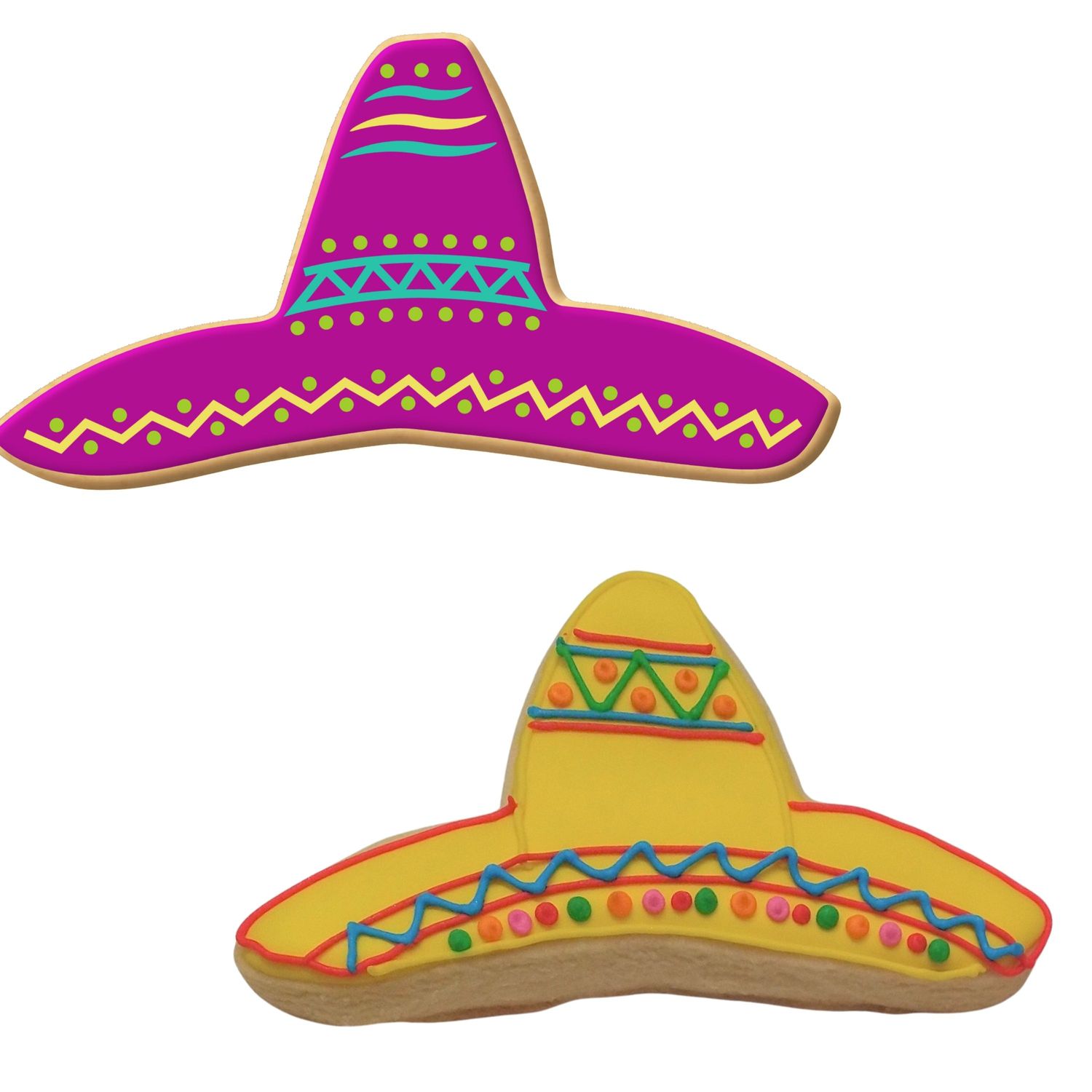 Two sombrero-shaped cookies decorated with colorful icing, created using a 4.75-inch sombrero cookie cutter.