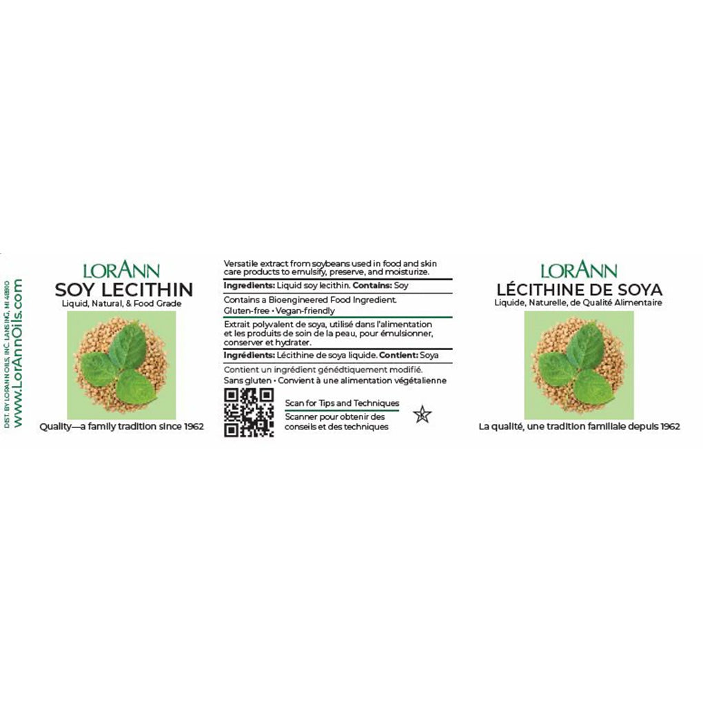 LorAnn Soy Lecithin label shown flat with green accents, ingredient and allergen text, and a QR code.