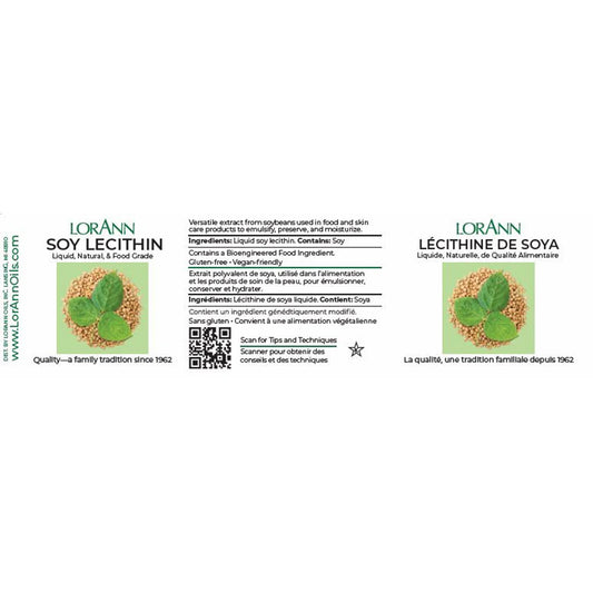 LorAnn Soy Lecithin label shown flat with green accents, ingredient and allergen text, and a QR code.