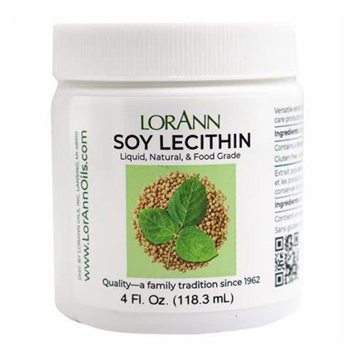 White plastic jar of LorAnn Soy Lecithin with a green label showing soybeans and leaves, labeled liquid, natural, and food grade, 4 fl oz.