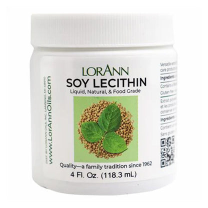 White plastic jar of LorAnn Soy Lecithin with a green label showing soybeans and leaves, labeled liquid, natural, and food grade, 4 fl oz.