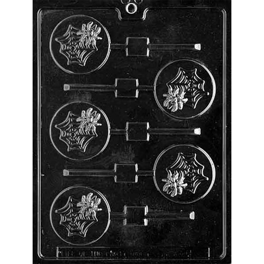 Clear plastic chocolate lollipop mold with six round cavities, each featuring a spider sitting on a web design.