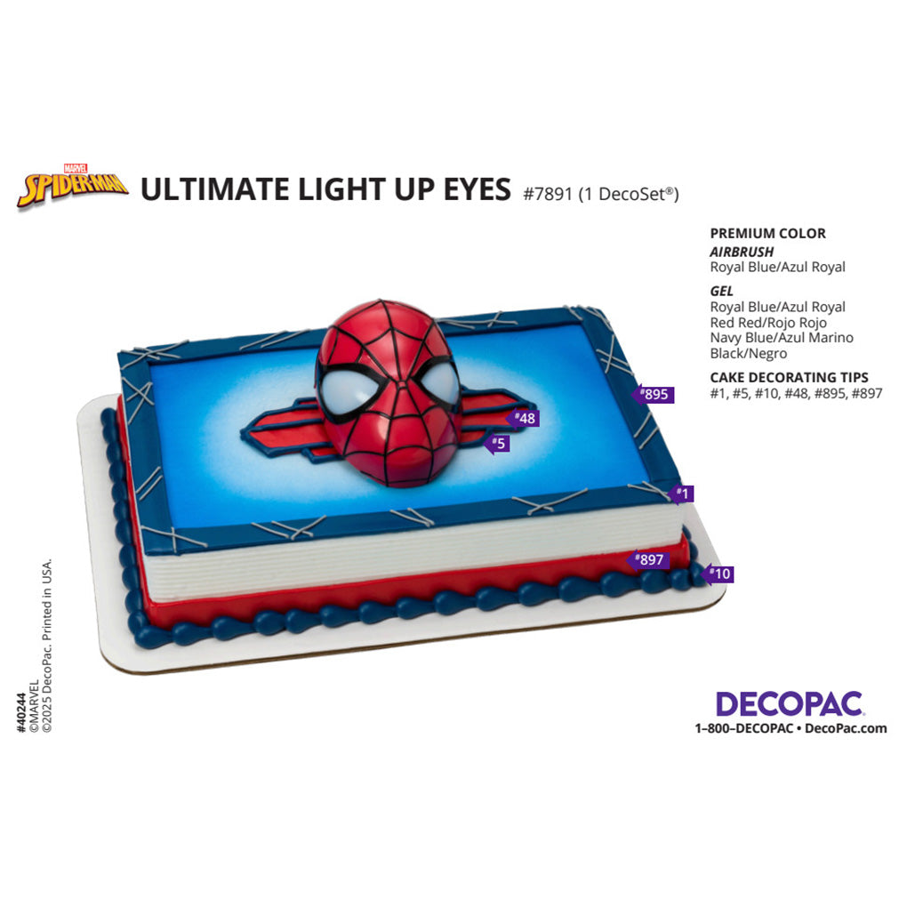 Instruction sheet showing Spider-Man Ultimate Light Up Eyes cake topper and decorating guide.