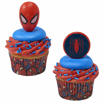 Spider-Man rings on cupcakes with red and blue frosting, blue sprinkles, and Spider-Man cupcake liners