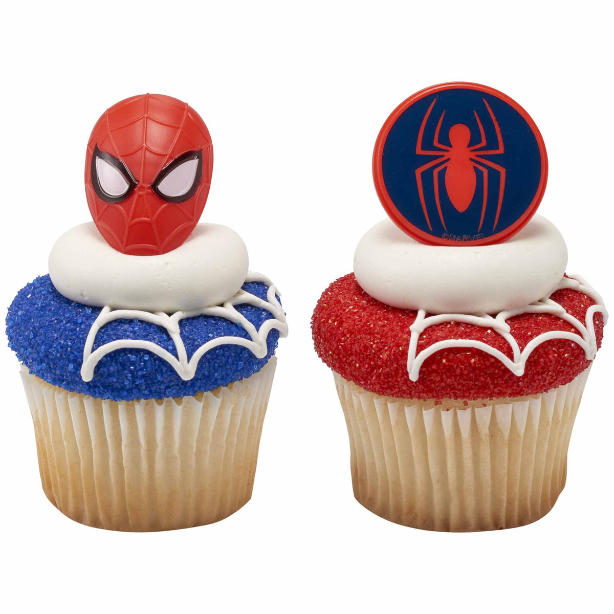 Spider-Man mask and spider symbol rings on cupcakes with red and blue sanding sugar and white icing webs