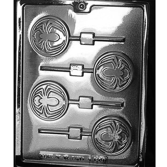 Chocolate lollipop mold with four round spider-symbol cavities and alternating horizontal stick channels.