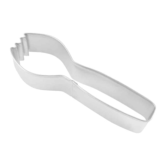 Metal spork cookie cutter with a rounded spoon shape and forked edge, angled view.