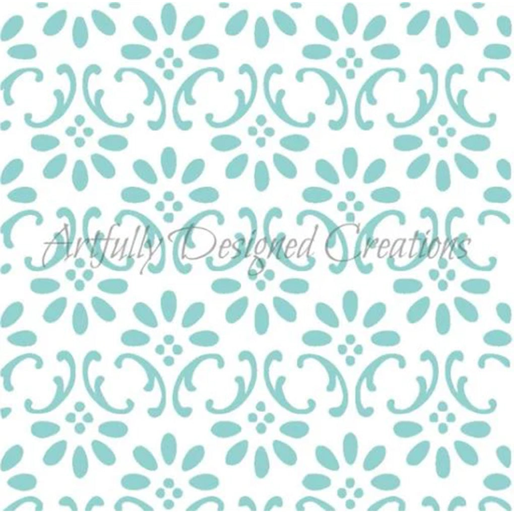 Spring Finial Cookie Stencil showing a repeating teal pattern of flower shapes and curved scroll motifs on a white background.