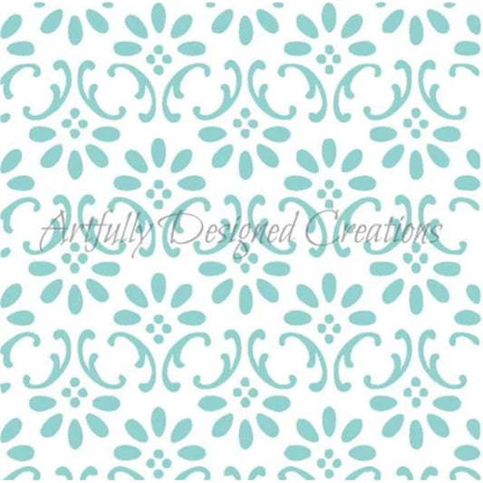 Spring Finial Cookie Stencil showing a repeating teal pattern of flower shapes and curved scroll motifs on a white background.