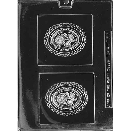 Two-cavity spring rose square bar chocolate mold with 4 x 4 1/4-inch plaques, raised oval rose medallions, detailed leaves, and layered scalloped borders