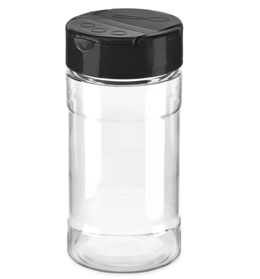 Clear plastic 8 oz shaker bottle with a black dual-opening lid, featuring three small holes on one side and a half-circle opening on the other.