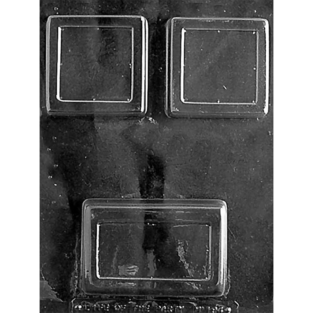 Chocolate mold with two square bar cavities and one rectangular bar cavity, each featuring a smooth inset panel