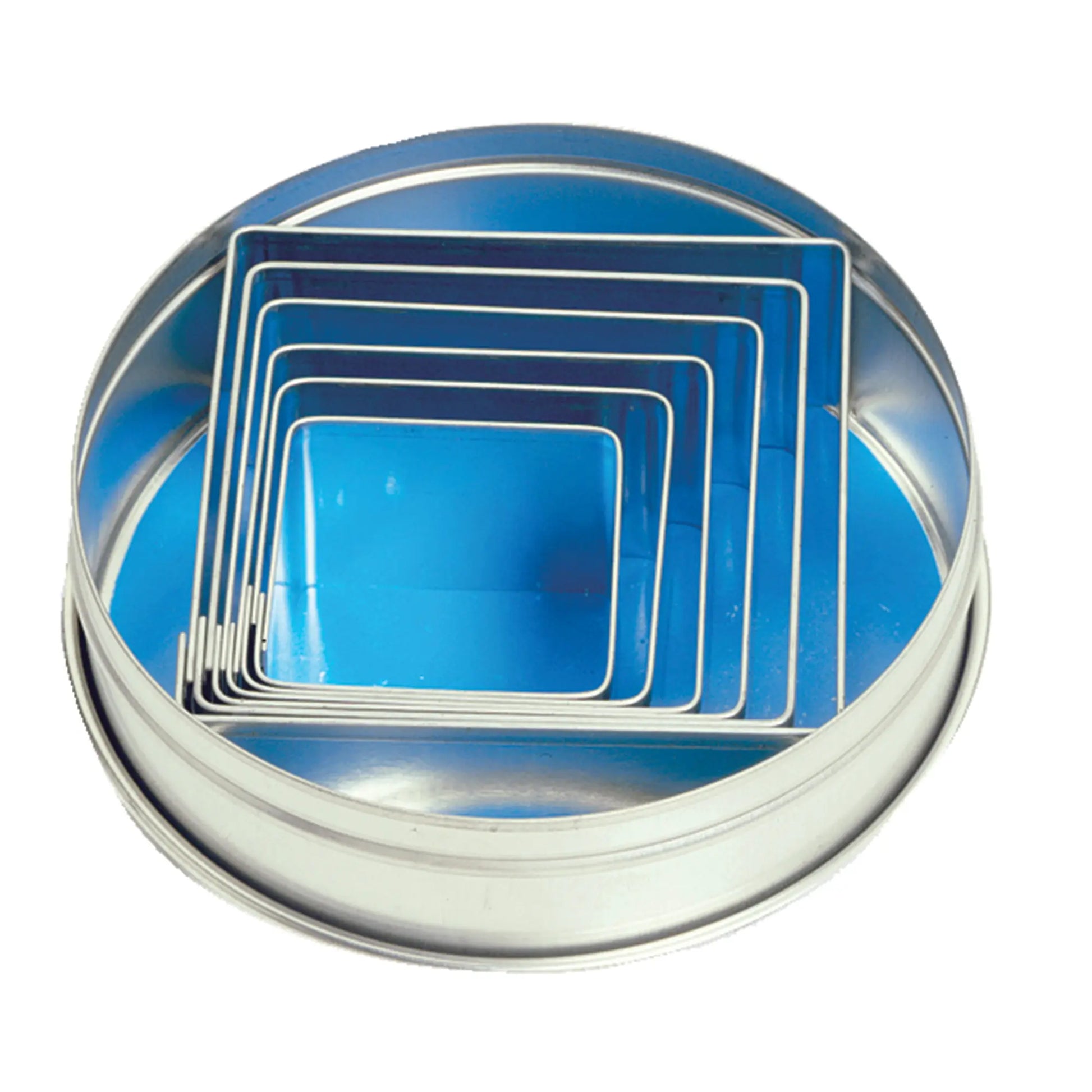 Set of six stainless steel square cookie cutters nested inside a round metal storage tin.