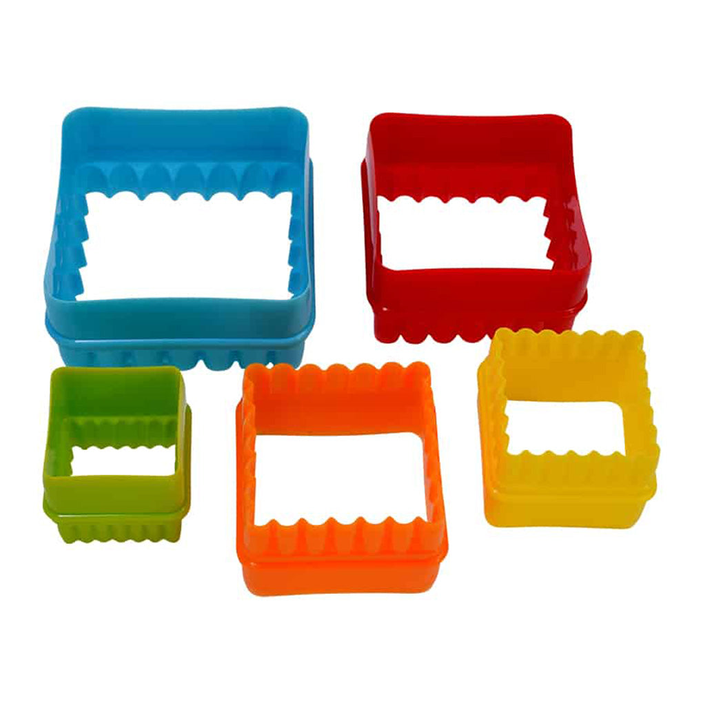 Five square cookie cutters in assorted bright colors, displayed separately to show the fluted edge design and nested sizing.
