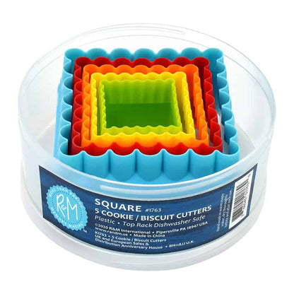 Nested square fluted cookie cutters in a clear round container with a blue label, showing five bright colors stacked from largest to smallest.