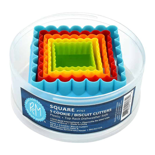 Nested square fluted cookie cutters in a clear round container with a blue label, showing five bright colors stacked from largest to smallest.
