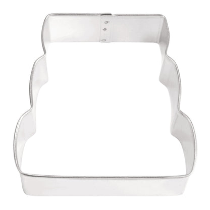 Top-down view of a suitcase/book stack cookie cutter with a ridged design.