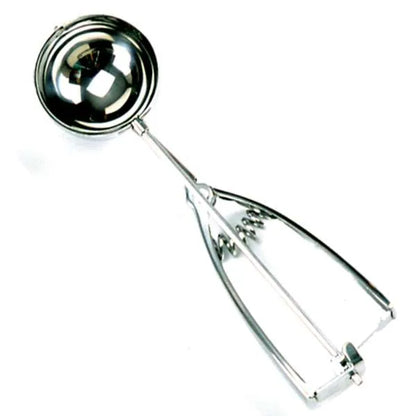 Stainless steel cookie scoop with polished finish and spring-action handle, shown isolated on a white background