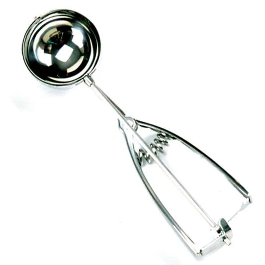 Stainless steel cookie scoop with polished finish and spring-action handle, shown isolated on a white background