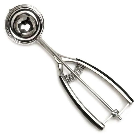 Stainless steel #20 cookie scoop with a 53 mm bowl, spring-action release mechanism, and black soft-grip handles.