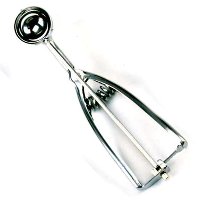 Close-up view of a polished stainless steel #64 cookie scoop with a spring-action handle, designed for 1 tablespoon portions.