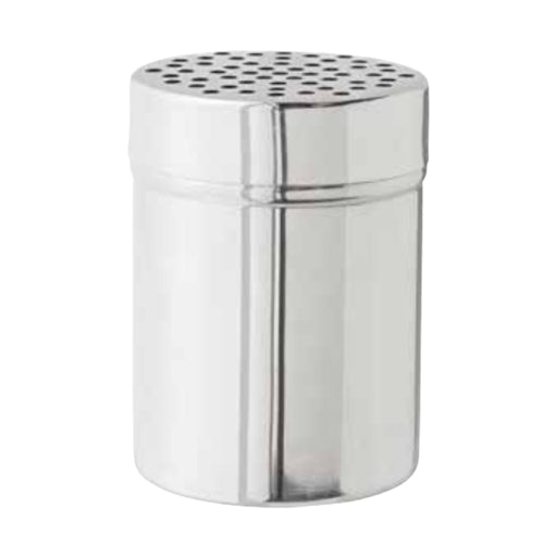 10 oz stainless steel shaker with large perforated holes on the lid, ideal for powdered sugar, cocoa, or flour in baking and decorating tasks.