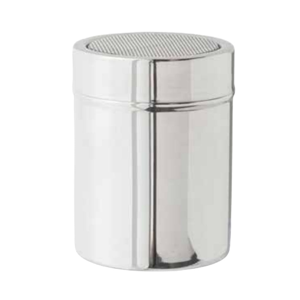 Stainless steel shaker with a fine mesh sifter top and cylindrical 10 oz body, shown upright on a white background.