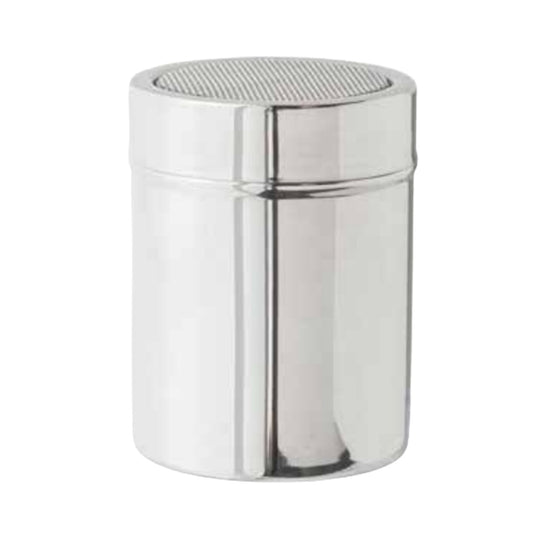Stainless steel shaker with a fine mesh sifter top and cylindrical 10 oz body, shown upright on a white background.