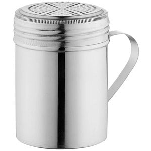 Stainless steel powdered sugar or flour shaker with a handle and perforated lid, ideal for baking or dessert topping.